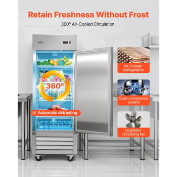 Commercial Reach-In Refrigerator 29" W, 22 Cu.Ft Stainless Steel Upright Refrigerator with Single Door, Auto-Defrost, 4 Adjustable Shelves, 32 to 50? Temperature Control, ETL Certified