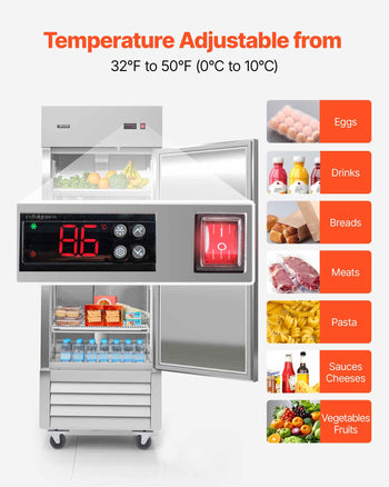 Commercial Reach-In Refrigerator 29" W, 22 Cu.Ft Stainless Steel Upright Refrigerator with Single Door, Auto-Defrost, 4 Adjustable Shelves, 32 to 50℉ Temperature Control, ETL Certified