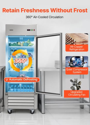Commercial Refrigerator, 29.02 in Width Reach In Upright Refrigeration Single Glass Door, 21.5 Cu.ft Auto-Defrost Stainless Steel Refrigerator with 4 Adjustable Shelves, 32 to 50? Temp Range
