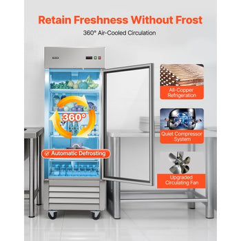 Commercial Refrigerator, 29.02 in Width Reach In Upright Refrigeration Single Glass Door, 21.5 Cu.ft Auto-Defrost Stainless Steel Refrigerator with 4 Adjustable Shelves, 32 to 50? Temp Range