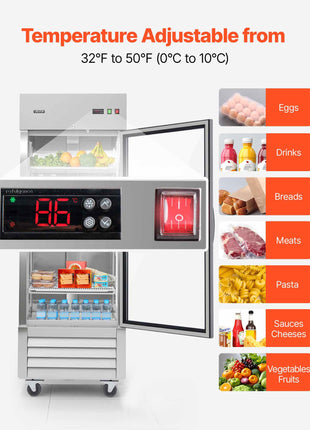 Commercial Refrigerator, 29.02 in Width Reach In Upright Refrigeration Single Glass Door, 21.5 Cu.ft Auto-Defrost Stainless Steel Refrigerator with 4 Adjustable Shelves, 32 to 50℉ Temp Range