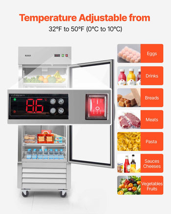 Commercial Refrigerator, 29.02 in Width Reach In Upright Refrigeration Single Glass Door, 21.5 Cu.ft Auto-Defrost Stainless Steel Refrigerator with 4 Adjustable Shelves, 32 to 50℉ Temp Range