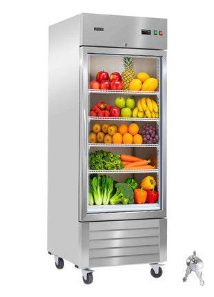 Commercial Refrigerator, 29.02 in Width Reach In Upright Refrigeration Single Glass Door, 21.5 Cu.ft Auto-Defrost Stainless Steel Refrigerator with 4 Adjustable Shelves, 32 to 50℉ Temp Range