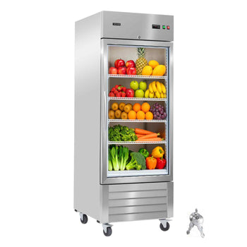 Commercial Refrigerator, 29.02 in Width Reach In Upright Refrigeration Single Glass Door, 21.5 Cu.ft Auto-Defrost Stainless Steel Refrigerator with 4 Adjustable Shelves, 32 to 50℉ Temp Range
