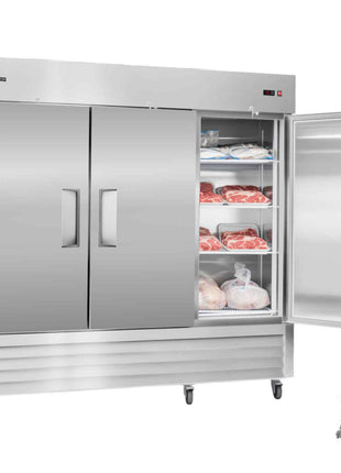 Commercial Freezer, 32.2 in Width Reach In Upright-Freezer Three Door, 66.9 Cu.ft Auto-Defrost Stainless Steel Freezer with 12 Adjustable Shelves, -11 to 14℉ Temp Control, LED Light, 4 Wheels