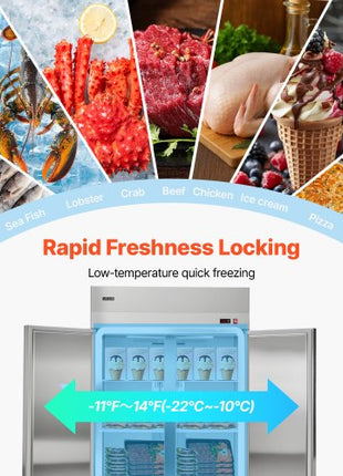 Commercial Freezer, 31.89 in Width Reach In Upright-Freezer Double Door, 32.1 Cu.ft Auto-Defrost Stainless Steel Freezer with 8 Adjustable Shelves, -11 to 14? Temp Control, LED Light, 4 Wheels