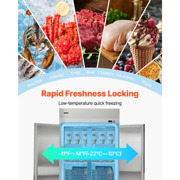 Commercial Freezer, 31.89 in Width Reach In Upright-Freezer Double Door, 32.1 Cu.ft Auto-Defrost Stainless Steel Freezer with 8 Adjustable Shelves, -11 to 14? Temp Control, LED Light, 4 Wheels