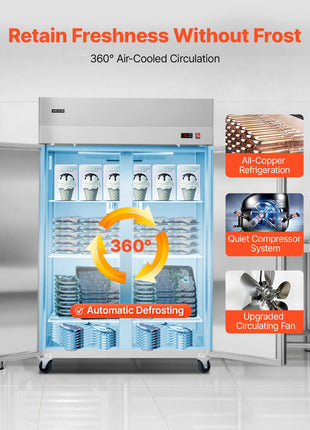 Commercial Freezer, 31.89 in Width Reach In Upright-Freezer Double Door, 32.1 Cu.ft Auto-Defrost Stainless Steel Freezer with 8 Adjustable Shelves, -11 to 14℉ Temp Control, LED Light, 4 Wheels