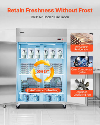 Commercial Freezer, 31.89 in Width Reach In Upright-Freezer Double Door, 32.1 Cu.ft Auto-Defrost Stainless Steel Freezer with 8 Adjustable Shelves, -11 to 14℉ Temp Control, LED Light, 4 Wheels