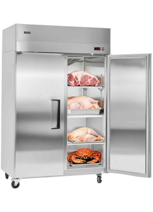 Commercial Freezer, 31.89 in Width Reach In Upright-Freezer Double Door, 32.1 Cu.ft Auto-Defrost Stainless Steel Freezer with 8 Adjustable Shelves, -11 to 14℉ Temp Control, LED Light, 4 Wheels