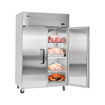 Commercial Freezer, 31.89 in Width Reach In Upright-Freezer Double Door, 32.1 Cu.ft Auto-Defrost Stainless Steel Freezer with 8 Adjustable Shelves, -11 to 14℉ Temp Control, LED Light, 4 Wheels