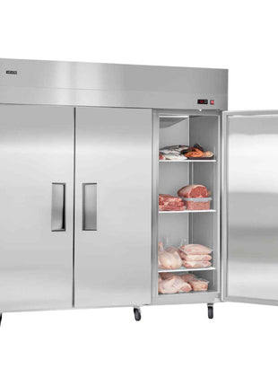 Commercial Freezer, 71.65 in Width Reach In Upright-Freezer Three Door, 50.2 Cu.ft Auto-Defrost Stainless Steel Freezer with 12 Adjustable Shelves, -11 to 14℉ Temp Control, LED Light, 4 Wheels