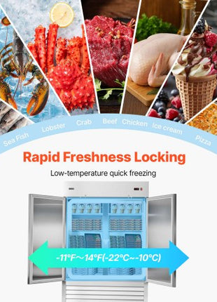 Commercial Freezer, 32.2 in Width Reach In Upright-Freezer Double Door, 43.2 Cu.ft Auto-Defrost Stainless Steel Freezer with 8 Adjustable Shelves, -11 to 14? Temp Control, LED Light, 4 Wheels