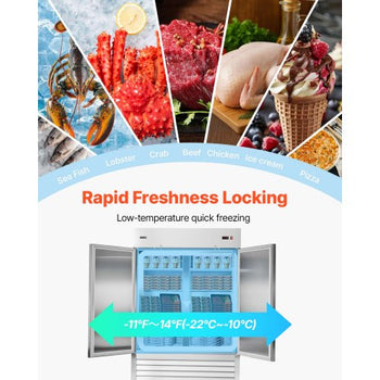 Commercial Freezer, 32.2 in Width Reach In Upright-Freezer Double Door, 43.2 Cu.ft Auto-Defrost Stainless Steel Freezer with 8 Adjustable Shelves, -11 to 14? Temp Control, LED Light, 4 Wheels