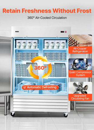 Commercial Freezer, 32.2 in Width Reach In Upright-Freezer Double Door, 43.2 Cu.ft Auto-Defrost Stainless Steel Freezer with 8 Adjustable Shelves, -11 to 14℉ Temp Control, LED Light, 4 Wheels