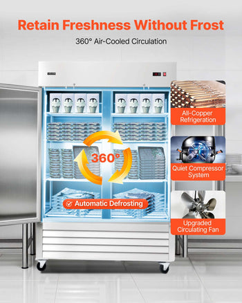 Commercial Freezer, 32.2 in Width Reach In Upright-Freezer Double Door, 43.2 Cu.ft Auto-Defrost Stainless Steel Freezer with 8 Adjustable Shelves, -11 to 14℉ Temp Control, LED Light, 4 Wheels