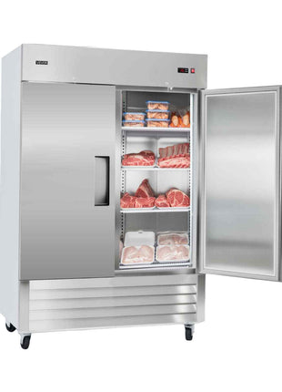 Commercial Freezer, 32.2 in Width Reach In Upright-Freezer Double Door, 43.2 Cu.ft Auto-Defrost Stainless Steel Freezer with 8 Adjustable Shelves, -11 to 14℉ Temp Control, LED Light, 4 Wheels