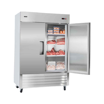 Commercial Freezer, 32.2 in Width Reach In Upright-Freezer Double Door, 43.2 Cu.ft Auto-Defrost Stainless Steel Freezer with 8 Adjustable Shelves, -11 to 14℉ Temp Control, LED Light, 4 Wheels