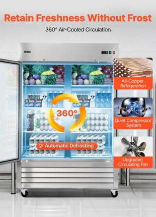 Commercial Refrigerator, 32.2 in Width Reach In Upright Refrigeration Double Glass Door, 43.2 Cu.ft Auto-Defrost Stainless Steel Refrigerator with 8 Adjustable Shelves, 32 to 50? Temp Range