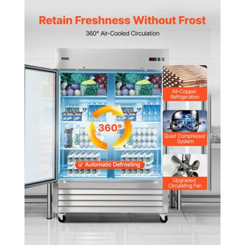 Commercial Refrigerator, 32.2 in Width Reach In Upright Refrigeration Double Glass Door, 43.2 Cu.ft Auto-Defrost Stainless Steel Refrigerator with 8 Adjustable Shelves, 32 to 50? Temp Range