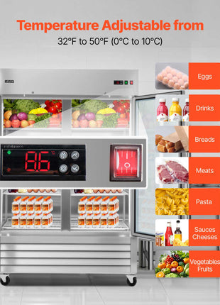 Commercial Refrigerator, 32.2 in Width Reach In Upright Refrigeration Double Glass Door, 43.2 Cu.ft Auto-Defrost Stainless Steel Refrigerator with 8 Adjustable Shelves, 32 to 50℉ Temp Range