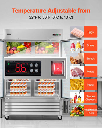 Commercial Refrigerator, 32.2 in Width Reach In Upright Refrigeration Double Glass Door, 43.2 Cu.ft Auto-Defrost Stainless Steel Refrigerator with 8 Adjustable Shelves, 32 to 50℉ Temp Range