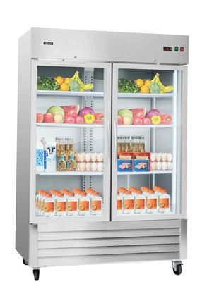 Commercial Refrigerator, 32.2 in Width Reach In Upright Refrigeration Double Glass Door, 43.2 Cu.ft Auto-Defrost Stainless Steel Refrigerator with 8 Adjustable Shelves, 32 to 50℉ Temp Range