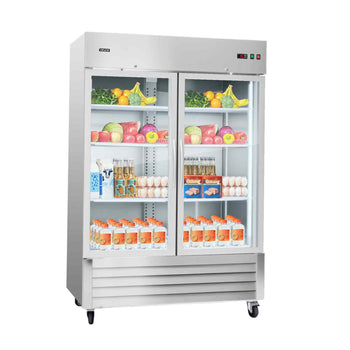 Commercial Refrigerator, 32.2 in Width Reach In Upright Refrigeration Double Glass Door, 43.2 Cu.ft Auto-Defrost Stainless Steel Refrigerator with 8 Adjustable Shelves, 32 to 50℉ Temp Range