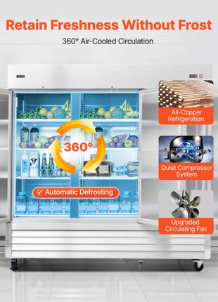 Commercial Reach-In Refrigerator 85" W, 69 Cu.Ft Stainless Steel Upright Refrigerator with Three Doors, Auto-Defrost, 12 Adjustable Shelves, 32 to 50? Temp Control, ETL Certified