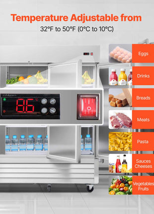Commercial Reach-In Refrigerator 85" W, 69 Cu.Ft Stainless Steel Upright Refrigerator with Three Doors, Auto-Defrost, 12 Adjustable Shelves, 32 to 50℉ Temp Control, ETL Certified