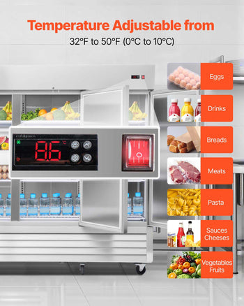 Commercial Reach-In Refrigerator 85" W, 69 Cu.Ft Stainless Steel Upright Refrigerator with Three Doors, Auto-Defrost, 12 Adjustable Shelves, 32 to 50℉ Temp Control, ETL Certified