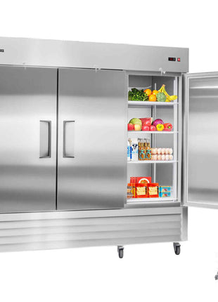 Commercial Reach-In Refrigerator 85" W, 69 Cu.Ft Stainless Steel Upright Refrigerator with Three Doors, Auto-Defrost, 12 Adjustable Shelves, 32 to 50℉ Temp Control, ETL Certified