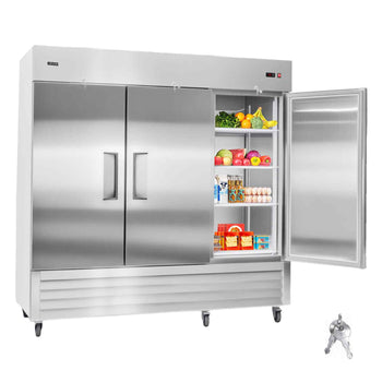 Commercial Reach-In Refrigerator 85" W, 69 Cu.Ft Stainless Steel Upright Refrigerator with Three Doors, Auto-Defrost, 12 Adjustable Shelves, 32 to 50℉ Temp Control, ETL Certified