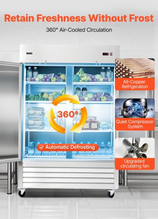 Commercial Refrigerator, 32.2 in Width Reach In Upright Refrigeration Double Door, 43.2 Cu.ft Auto-Defrost Stainless Steel Refrigerator with 8 Adjustable Shelves, 32 to 50? Temp Range, 4 Wheels