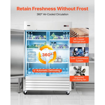 Commercial Refrigerator, 32.2 in Width Reach In Upright Refrigeration Double Door, 43.2 Cu.ft Auto-Defrost Stainless Steel Refrigerator with 8 Adjustable Shelves, 32 to 50? Temp Range, 4 Wheels