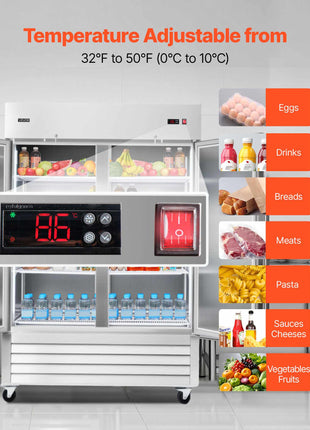 Commercial Refrigerator, 32.2 in Width Reach In Upright Refrigeration Double Door, 43.2 Cu.ft Auto-Defrost Stainless Steel Refrigerator with 8 Adjustable Shelves, 32 to 50℉ Temp Range, 4 Wheels