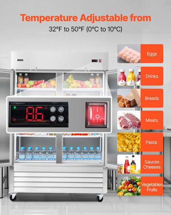 Commercial Refrigerator, 32.2 in Width Reach In Upright Refrigeration Double Door, 43.2 Cu.ft Auto-Defrost Stainless Steel Refrigerator with 8 Adjustable Shelves, 32 to 50℉ Temp Range, 4 Wheels