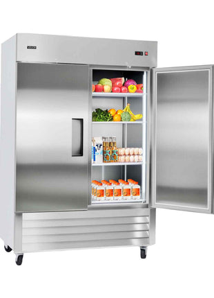 Commercial Refrigerator, 32.2 in Width Reach In Upright Refrigeration Double Door, 43.2 Cu.ft Auto-Defrost Stainless Steel Refrigerator with 8 Adjustable Shelves, 32 to 50℉ Temp Range, 4 Wheels