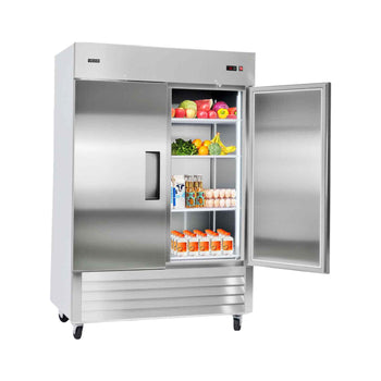 Commercial Refrigerator, 32.2 in Width Reach In Upright Refrigeration Double Door, 43.2 Cu.ft Auto-Defrost Stainless Steel Refrigerator with 8 Adjustable Shelves, 32 to 50℉ Temp Range, 4 Wheels