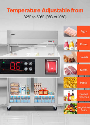 Commercial Refrigerator, 31.89 in Width Reach In Upright Refrigeration Double Door, 32.1 Cu.ft Auto-Defrost Stainless Steel Refrigerator with 8 Adjustable Shelves, 32 to 50℉ Temp Range, 4 Wheels