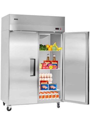 Commercial Refrigerator, 31.89 in Width Reach In Upright Refrigeration Double Door, 32.1 Cu.ft Auto-Defrost Stainless Steel Refrigerator with 8 Adjustable Shelves, 32 to 50℉ Temp Range, 4 Wheels