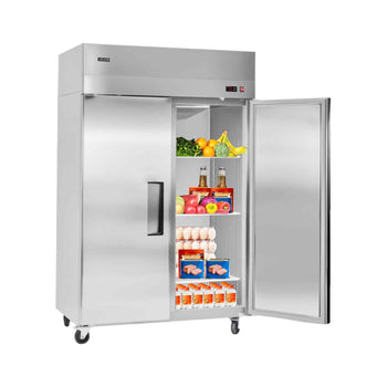 Commercial Refrigerator, 31.89 in Width Reach In Upright Refrigeration Double Door, 32.1 Cu.ft Auto-Defrost Stainless Steel Refrigerator with 8 Adjustable Shelves, 32 to 50℉ Temp Range, 4 Wheels