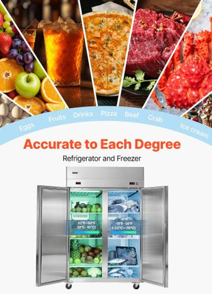 Commercial Refrigerator and Freezer Combo, 31.89 in Width Reach In Upright-Freezer Double Door, 31.1 Cu.ft Auto-Defrost Stainless Steel Freezer with 8 Adjustable Shelves, LED Light, 4 Wheels