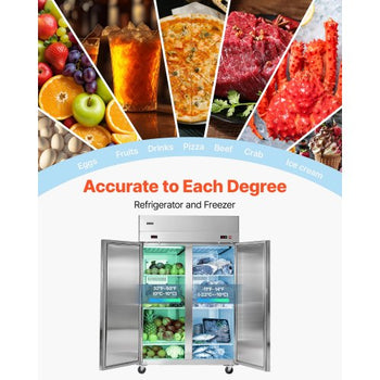 Commercial Refrigerator and Freezer Combo, 31.89 in Width Reach In Upright-Freezer Double Door, 31.1 Cu.ft Auto-Defrost Stainless Steel Freezer with 8 Adjustable Shelves, LED Light, 4 Wheels
