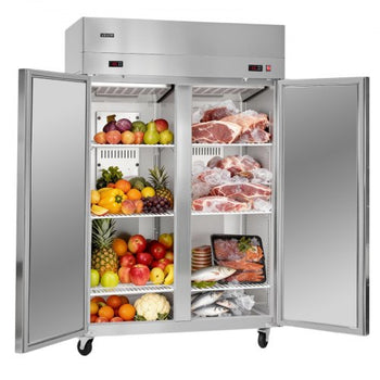 Commercial Refrigerator and Freezer Combo, 31.89 in Width Reach In Upright-Freezer Double Door, 31.1 Cu.ft Auto-Defrost Stainless Steel Freezer with 8 Adjustable Shelves, LED Light, 4 Wheels
