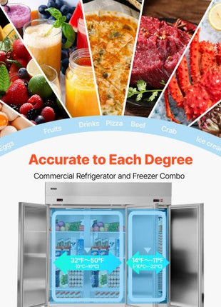 Commercial Refrigerator and Freezer Combo 72"W, 51 Cu.Ft Stainless Steel Upright Freezer/Refrigerator with Three Doors, Auto-Defrost, 9 Adjustable Shelves, UL Certified