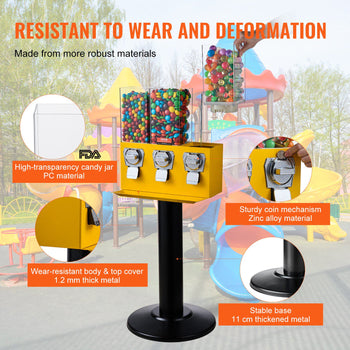 Commercial Vending Machine, Triple Compartment Candy Dispenser with Iron Stand, Gumball and Candy Machine for Business, Coin Operated Gumball Bank for Toy Capsules Bouncy Balls Candy Nut, Yellow
