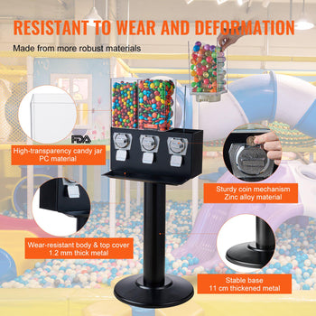 Commercial Vending Machine, Triple Compartment Candy Dispenser with Iron Stand, Gumball and Candy Machine for Business, Coin Operated Gumball Bank for Toy Capsules Bouncy Balls Candy Nut, Black