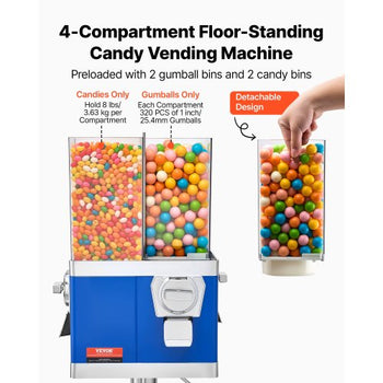 Commercial Vending Machine, Four Compartment Rotatable Gumball and Candy Dispenser, Adjustable Height Coin Operated Candy Bank with Iron Stand, for Business Toy Capsules Bouncy Balls Nut, Blue
