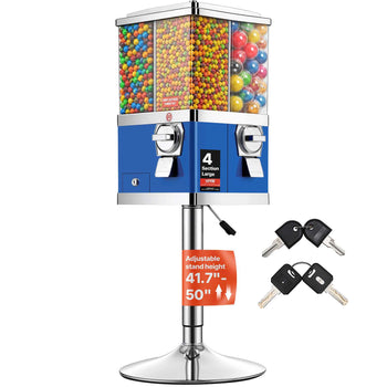 Commercial Vending Machine, Four Compartment Rotatable Gumball and Candy Dispenser, Adjustable Height Coin Operated Candy Bank with Iron Stand, for Business Toy Capsules Bouncy Balls Nut, Blue